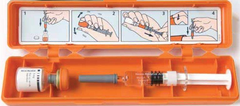 Estuche y presentación de 1 mL de glucagon en polvo